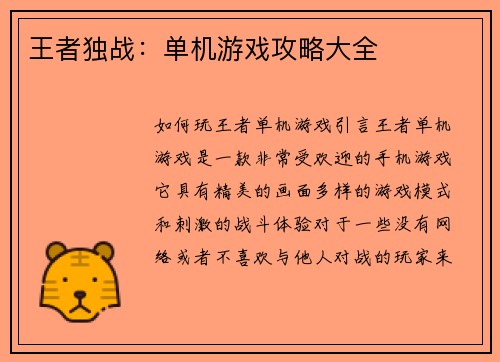 王者独战：单机游戏攻略大全