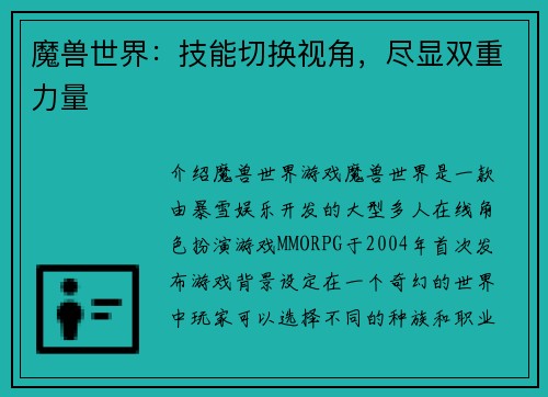 魔兽世界：技能切换视角，尽显双重力量